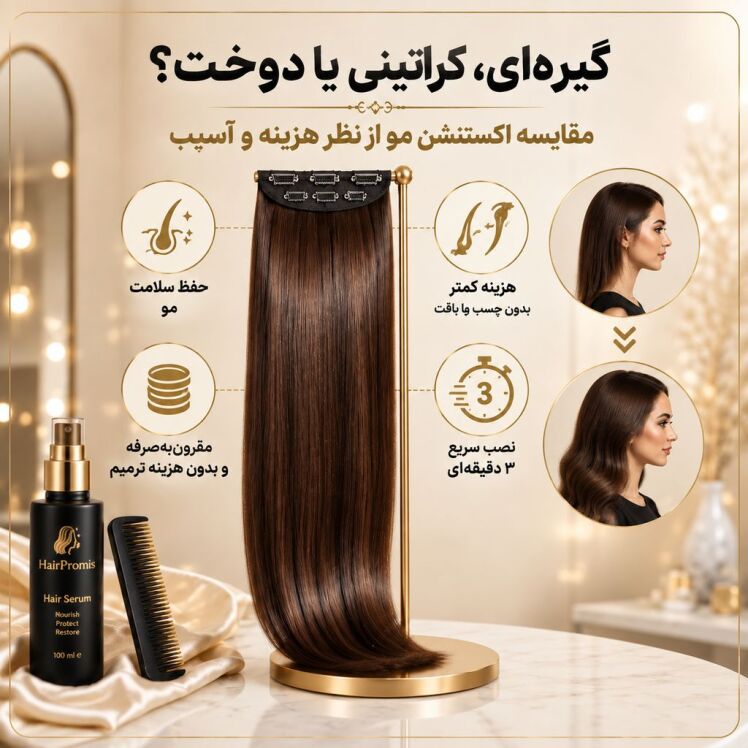 گیره‌ای، کراتینی یا دوخت؟ مقایسه اکستنشن مو از نظر هزینه و آسیب